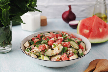 Watermelon and cottage cheese salad served for lunch