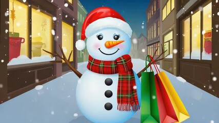 Happy snowman character holding colorful shopping bags on a snowy city street at night. Winter holiday season sales and christmas shopping concept for a festive promotion - Powered by Adobe