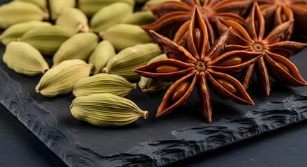 Close-up of green cardamom pods and star anise spice on a dark slate background.