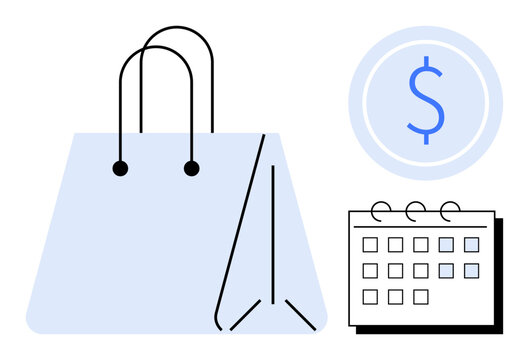 Shopping bag, dollar coin, and calendar visualizing retail, budgeting, financial planning, product launches, e-commerce, sales management and organized shopping. Minimalist flat metaphor