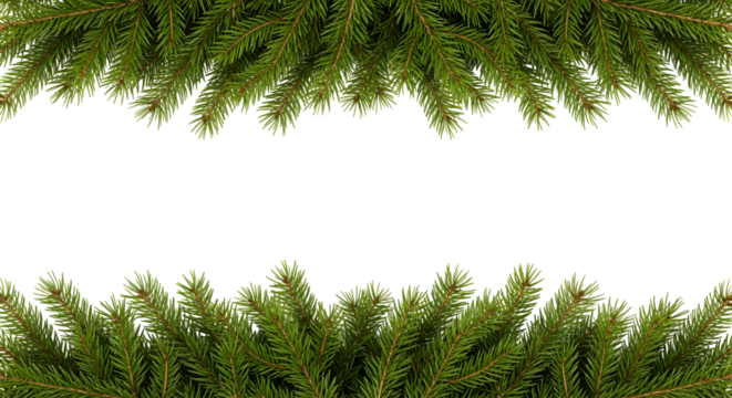 Festive green fir branches border, natural Christmas tree decoration on white background