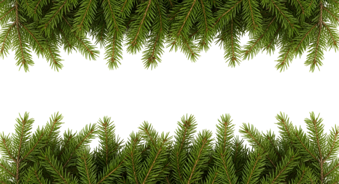 Lush green spruce or fir boughs creating a festive top and bottom frame with copy space for Christmas or winter themes