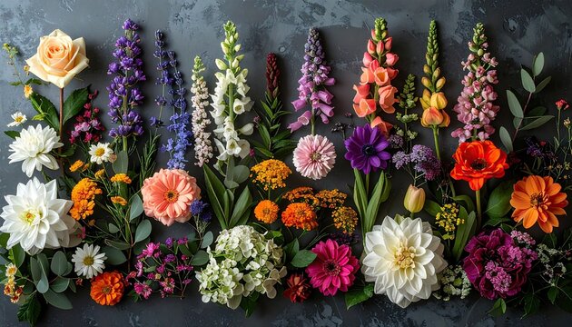 Diverse colorful blooms arranged on dark surface