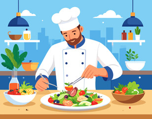 A chef with a beard in a white uniform prepares a colorful salad with tomatoes, lettuce, and other vegetables in a bright kitchen setting.