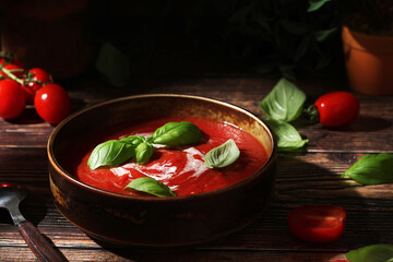 A bowl with tomato soup in rustic style
