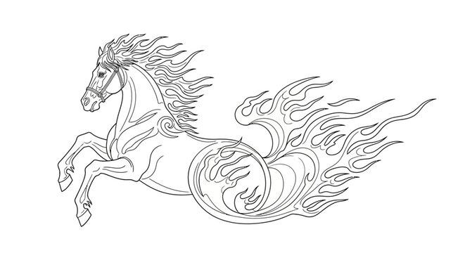 Intricate outline drawing of a majestic mythical horse, its powerful form transforming into dynamic fiery elements, perfect for fantasy themes and creative projects