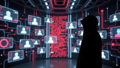 Hacker security breach cyber threats in network defense tech lab digital surveillance anonymous silhouette