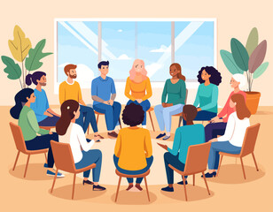 A diverse group of people are sitting in a circle on chairs, engaged in a meeting or therapy session, in a bright, airy room.