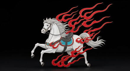 Fototapeta premium Powerful white horse illustration, dynamically adorned with vibrant red and orange flames, symbolizing mythical strength, speed, and untamed spirit, galloping with raw energy on a dark background