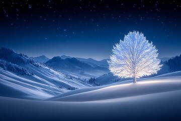 Illuminated Winter Tree with Snowy Mountain Landscape, Night Sky, and Tranquil Scene.