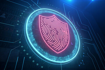 Fingerprint security concept: a finger presses a fingerprint on a blue background