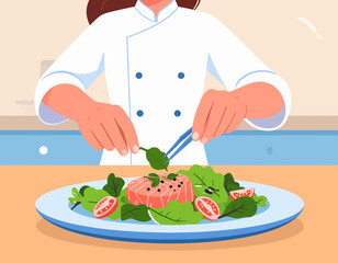 Chef in white uniform uses tweezers to garnish a salmon salad with greens and tomatoes on a blue-rimmed plate.
