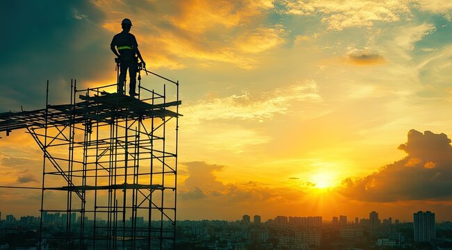 Construction worker silhouette on scaffolding at sunset (2)