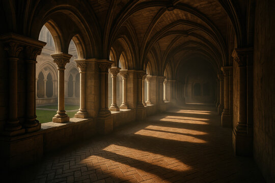 sunlit cloister hallway with arched ceilings and stone columns - Powered by Adobe