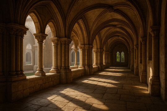 Ancient stone cloister with arched ceilings and sunlight streaming through windows
