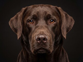 Close-up portrait of a chocolate labrador retriever looking directly at the camera against a dark background