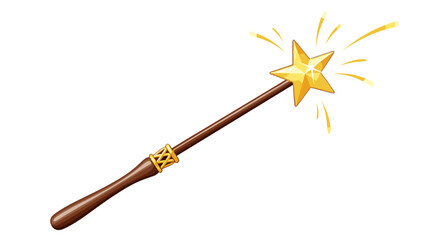 Magical wand with golden star tip and sparkles on white background