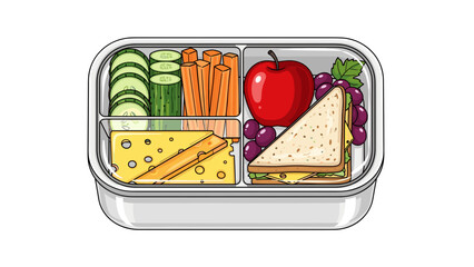 Healthy lunch box with assorted vegetables, fruits, and snacks on white background
