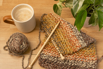 Creative Craft Flatlay with Yarn, Knitting and Green Houseplant