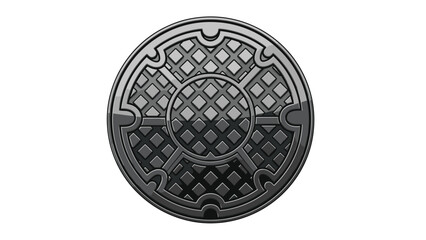 Black round manhole cover with textured pattern on white background
