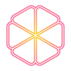 Abstract neon design featuring six triangular shapes arranged in a hexagonal pattern with a gradient from yellow to pink.