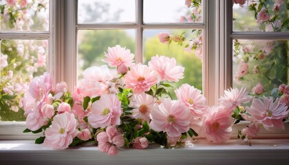 Fototapeta premium Pastel Pink Flowers On A Vintage Window Sill