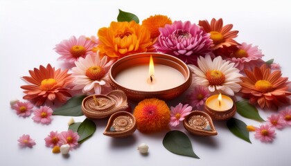 Happy Diwali Greeting Card With Flowers And Candles Isolated On White Background