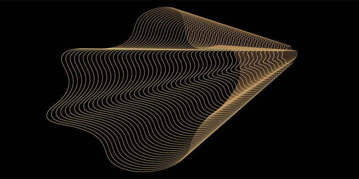Abstract circle wave lines, gradient light equalizer gold wavy curve. Round frame in luxury golden color isolated on black background. Editable stroke. Vector illustration with copy space