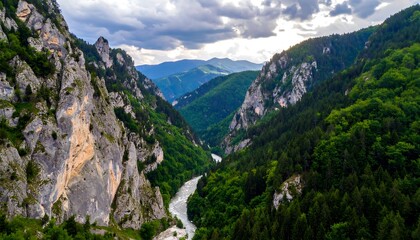 Aerial view of a river flowing through a canyon between tall, rocky cliffs covered in lush, green forests