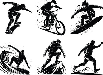 Obraz premium Dynamic Extreme Adventure Sports Vector Silhouette Collection Featuring Skateboarder, Snowboarder, BMX Biker, Surfer, Climber, and Off-Road Runner.