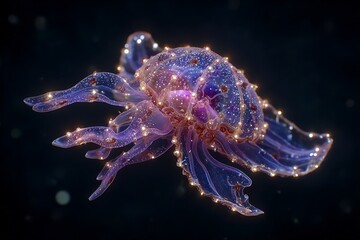 Jellyfish Jewel Luminous underwater creature dances in the deep blue sea.