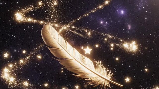 Golden feather floating against a starry background