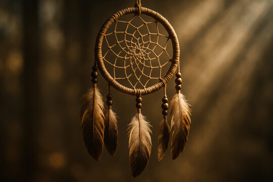 Dreamcatcher with feathers hanging against a blurred background