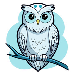 Cute cartoon white owl with big blue eyes perched on a branch