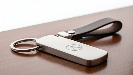 Elegant keychain with a metallic body, leather strap, resting on a wooden surface