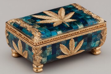 Jeweled Box Teal Mosaic  Gold Leaf with Elegant Treasure Holder.
