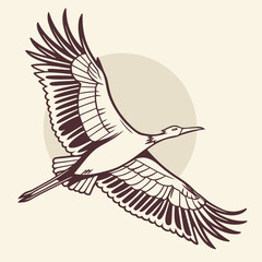 Elegant crane in flight against a soft circular background