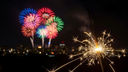 Glowing sparkler held aloft against blurred fireworks bursts over a distant city skyline