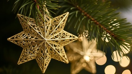 Close-up of golden star ornaments on a green Christmas tree branch. Bokeh lights in background