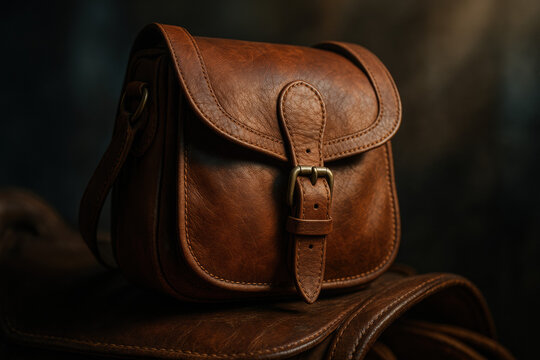 Close-up of a stylish brown leather satchel bag with a buckle closure