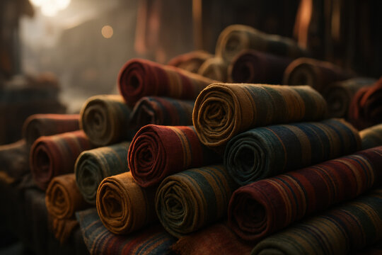 Rolled textiles in a stack, showcasing vibrant colors and intricate patterns