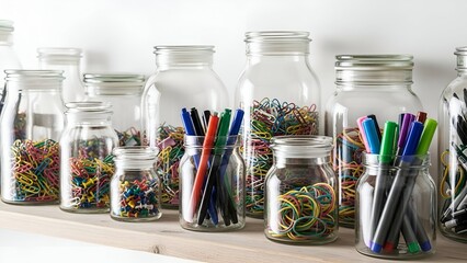 Close-up of glass jars on a shelf, filled with colorful paperclips, pens, and rubber bands