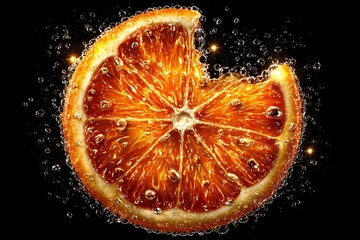 Juicy Bite of Orange Slice with Sparkling Bubbles on Black Background.