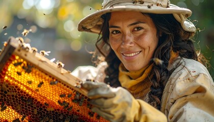 Beekeeper smiling, holding honeycomb frame buzzing with bees against blurred green backdrop in the sunlight