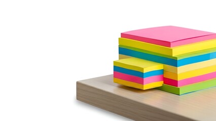Stacked sticky notes in assorted colors on a wooden surface, white background