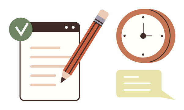 Notepad with checklist and checkmark, pencil, wall clock, and speech bubble. Ideal for time management, planning, scheduling, organization productivity communication success. A simple flat