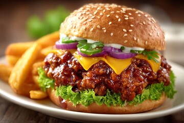 Juicy Gourmet Burger with Fries Delicious Meal on a White Plate Wooden Background.