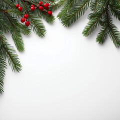 Christmas Pine Branch Frame with Red Berries on White Background