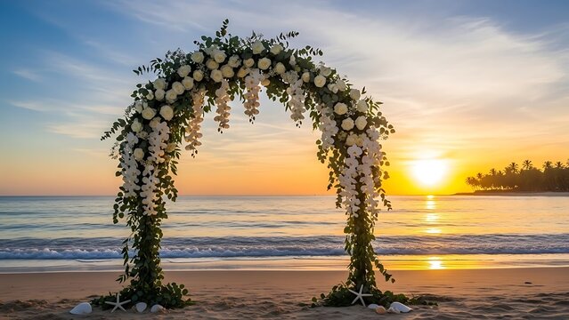 Dreamy beach wedding arch with white roses and orchids at sunset creates perfect romantic getaway, ideal for destination weddings and honeymoons