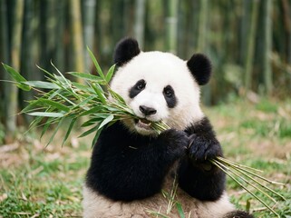 Fototapeta premium Giant Panda Eating Bamboo in Natural Forest Setting